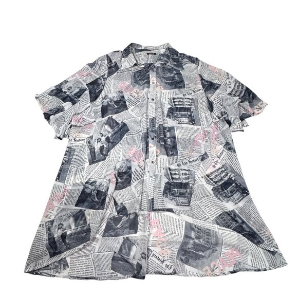 Why Dress Flowy Top Sz.L Newspaper Print Novelty Longline Ruffle 90s Maximalist - Picture 12 of 12